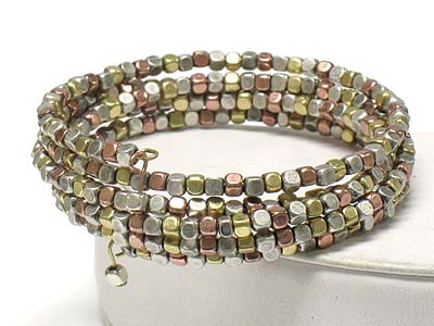 Tri tone small square metal beads spring shape bangle 