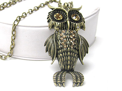 Crystal stud antique metal owl pendant long chain necklace