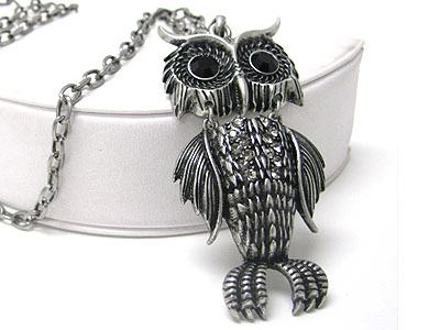 Crystal stud antique metal owl pendant long chain necklace