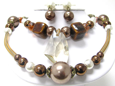 Double layer pearl and ceramic cube necklace - glass rock crystal drop