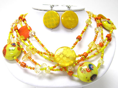 Murano glass disk and multi strand mixed beads necklace set