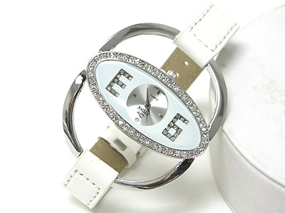 Crystal oval frame fashion leather band watch