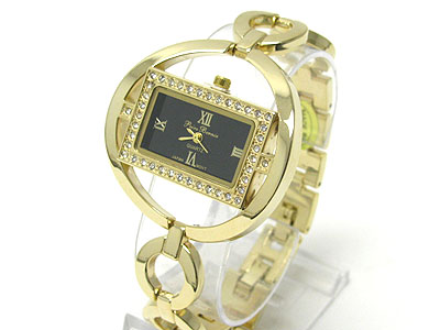 Crystal  frame square face round metal band link watch