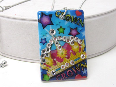 Crown tattoo picture crystal stud acryl peandant necklace 