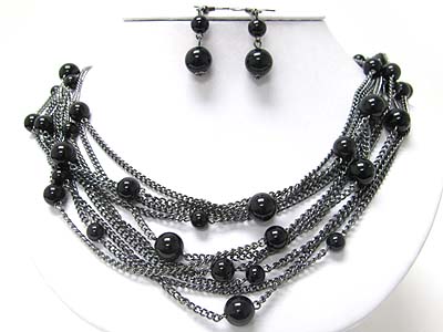 Multi strand pearl ball and chain link neckalce set