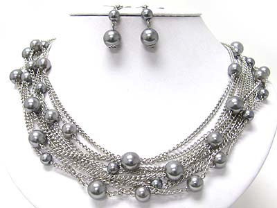 Multi strand pearl ball and chain link neckalce set