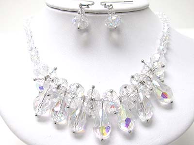 Crystal cut facet glass beads link and dangle necklace set 