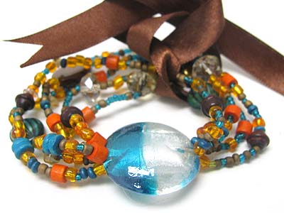 Murano glass and ribbon tied mixed seed beads stretch bracelet