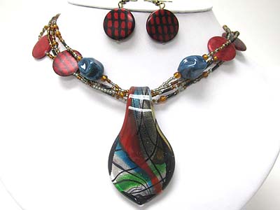 Murano glass works leaf shape pendant and mixed beads and disk necklace set