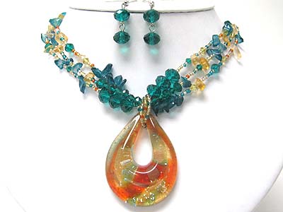 Murano glass works tear shape pendant and mixed beads and disk necklace set