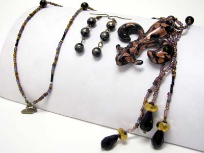 Murano glass works fleur de lis pendant and mixed beads long necklace set