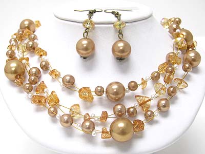 Triple strand pearl ball and mixed chip stone link necklace set