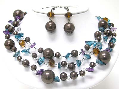 Triple strand pearl ball and mixed chip stone link necklace set