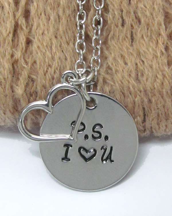 Valentine love message heart and round pendant necklace - ps i love you