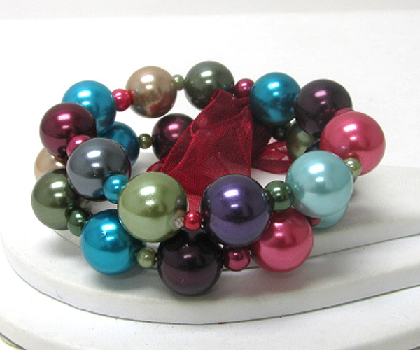 Ribbon tie multi pearl link double stretch bracelet