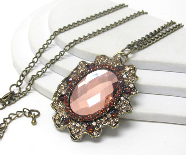 Crystal stud and oval glass center pendant necklace