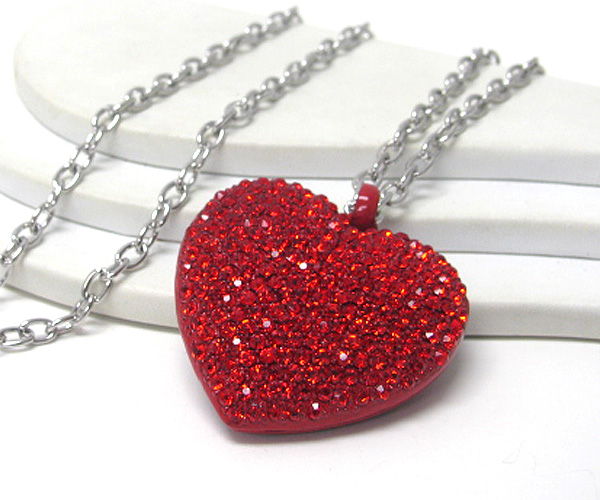 Red crystal stud puff heart necklace -valentine