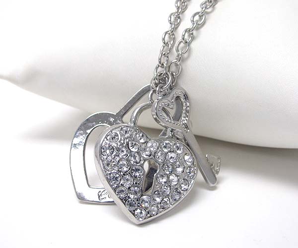 Crystal stud heart lock and key pendant necklace -valentine