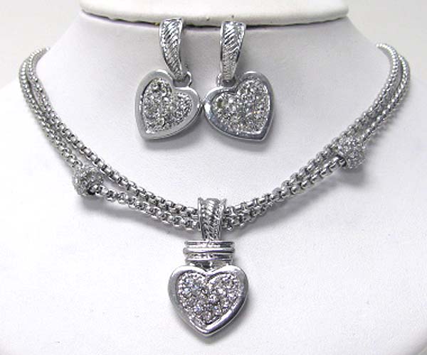 Crystal stud heart and double chain necklace earring set -valentine