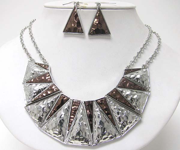 Hammered metal bib style necklace earring set