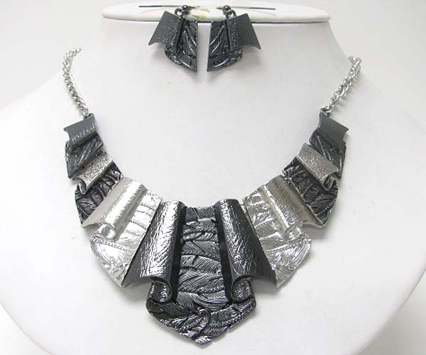 Textured and bent metal bib style necklace earring set