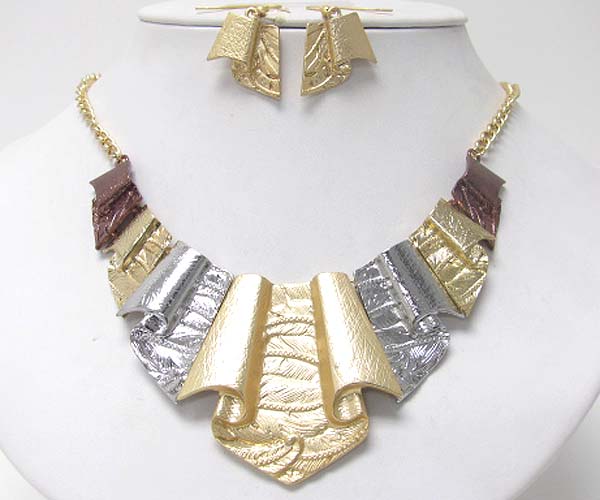 Textured and bent metal bib style necklace earring set