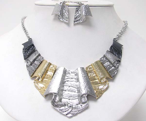 Textured and bent metal bib style necklace earring set