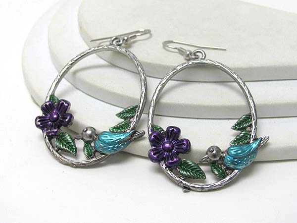 Painted bird and flower hoop earring - hoops