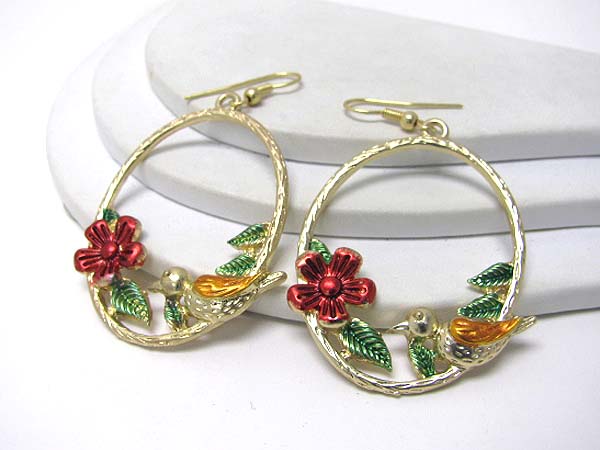 Painted bird and flower hoop earring - hoops