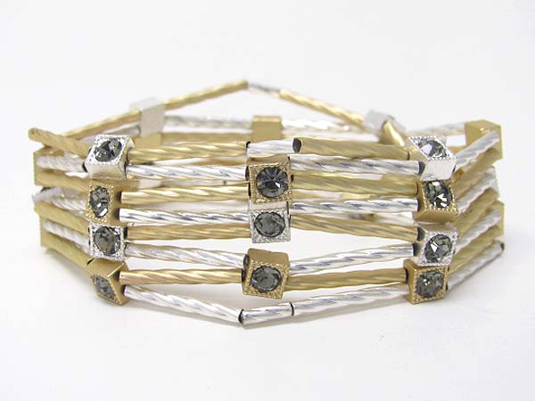 Crystal accent cube and tube metal bar link stretch bracelet