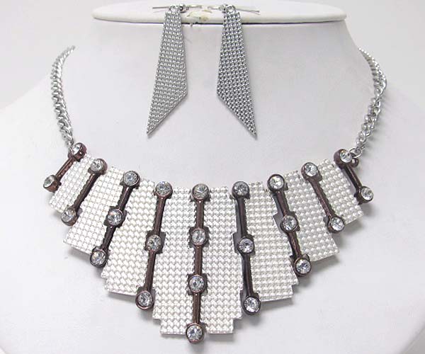 Crystal and textured metal bar link bib style necklace earring set