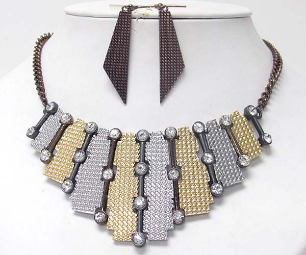 Crystal and textured metal bar link bib style necklace earring set