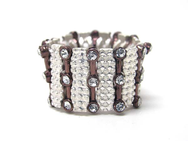 Crystal and textured metal bar link stretch ring