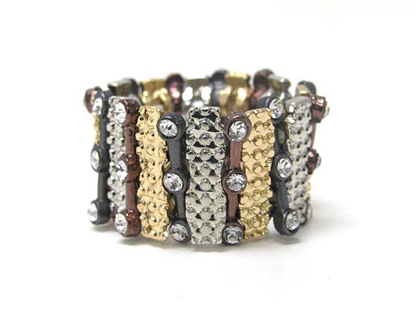 Crystal and textured metal bar link stretch ring