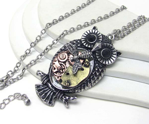 Crystal eyed owl and antique style body steampunk style long necklace