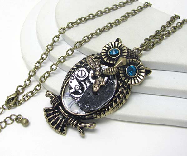 Crystal eyed owl and antique style body steampunk style long necklace