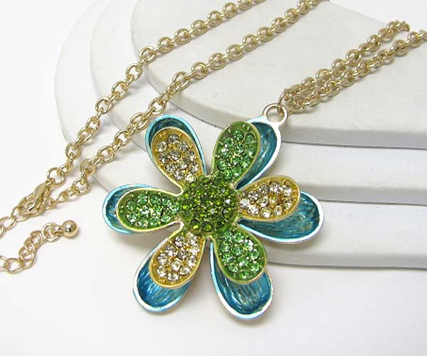 Crystal stud and paint petal flower long necklace