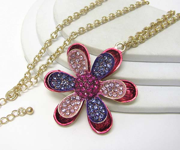 Crystal stud and paint petal flower long necklace