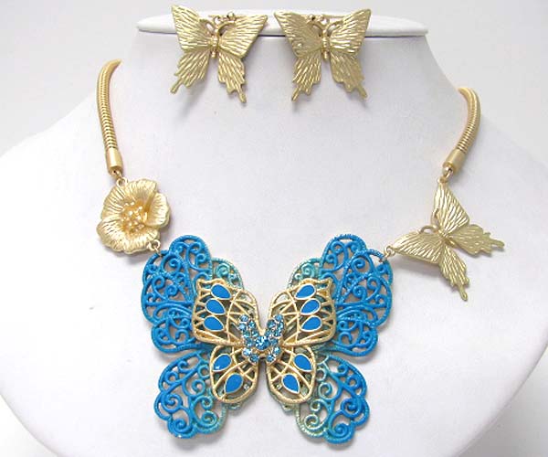 Crystal center and paint butterfly necklace earring set