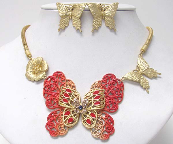 Crystal center and paint butterfly necklace earring set