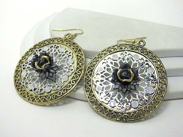 Center flower and metal filigree disk earring