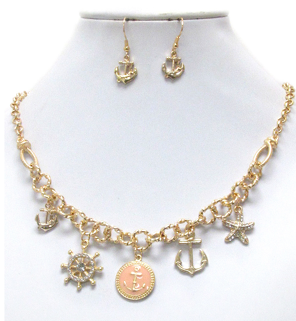 Crystal anchor and starfish charm drop necklace earring set