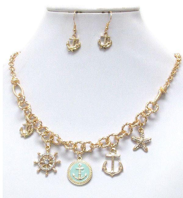 Crystal anchor and starfish charm drop necklace earring set