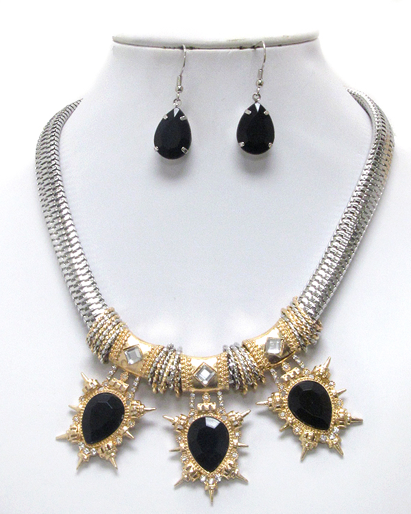 Crystal and facet glass deco and thick snake chain necklace earring set