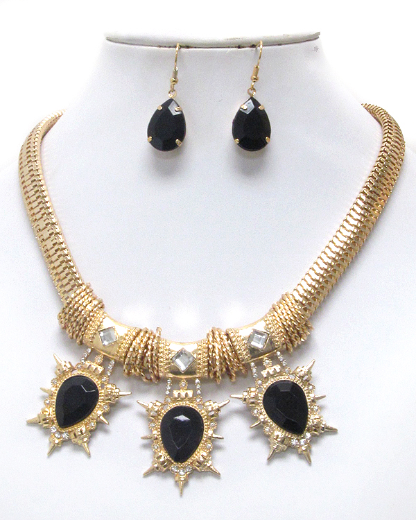 Crystal and facet glass deco and thick snake chain necklace earring set