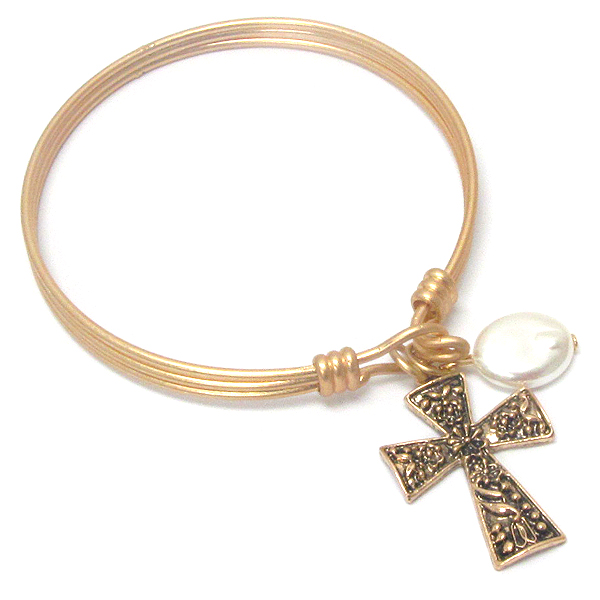 Cross charm and wire hook bangle bracelet