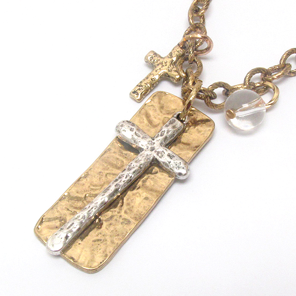 Vintage metal double cross and plate chain necklace