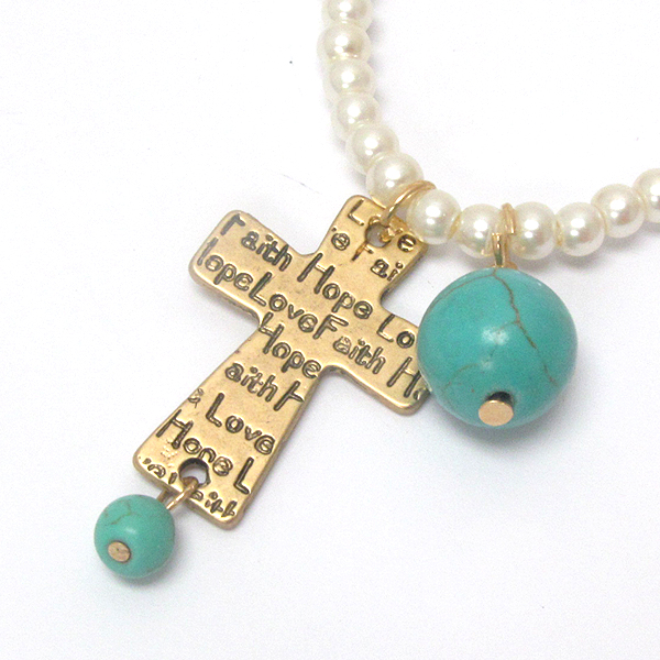 Religious inspiration cross and pearl chain necklace - faith love hope