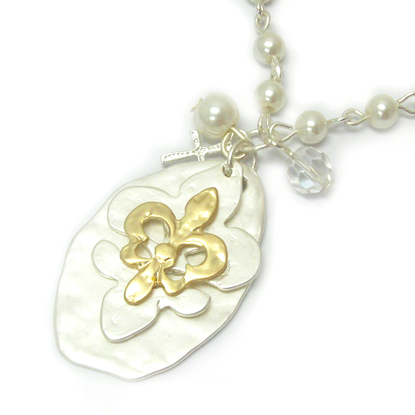 Fleur de lis and hammered oval plate and pearl chain necklace