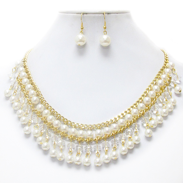 Multi pearl drop and double chain necklace earring set